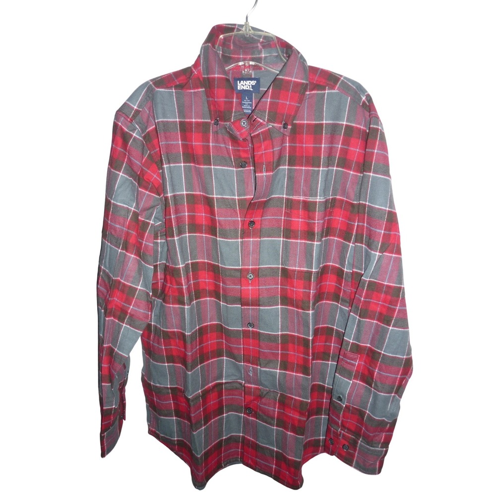 NWOT Lands End Mens Red Gray Plaid Flannel Shirt Traditional Fit Button Down L